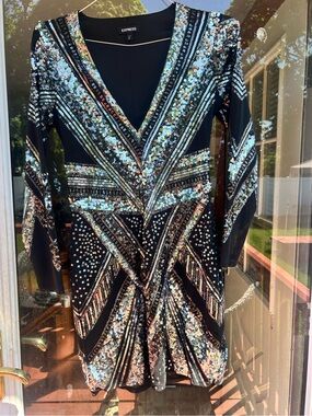 Express Black Multi-Sequin V-Neck Mini Dress